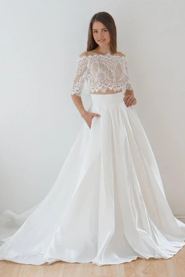 Vestido de novia de dos piezas de satén con encaje y hombros descubiertos, corte A y cola larga